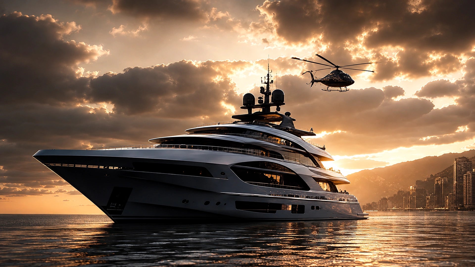 Editorialvisualisierung einer großen privaten Yacht mit Helikopterzugang