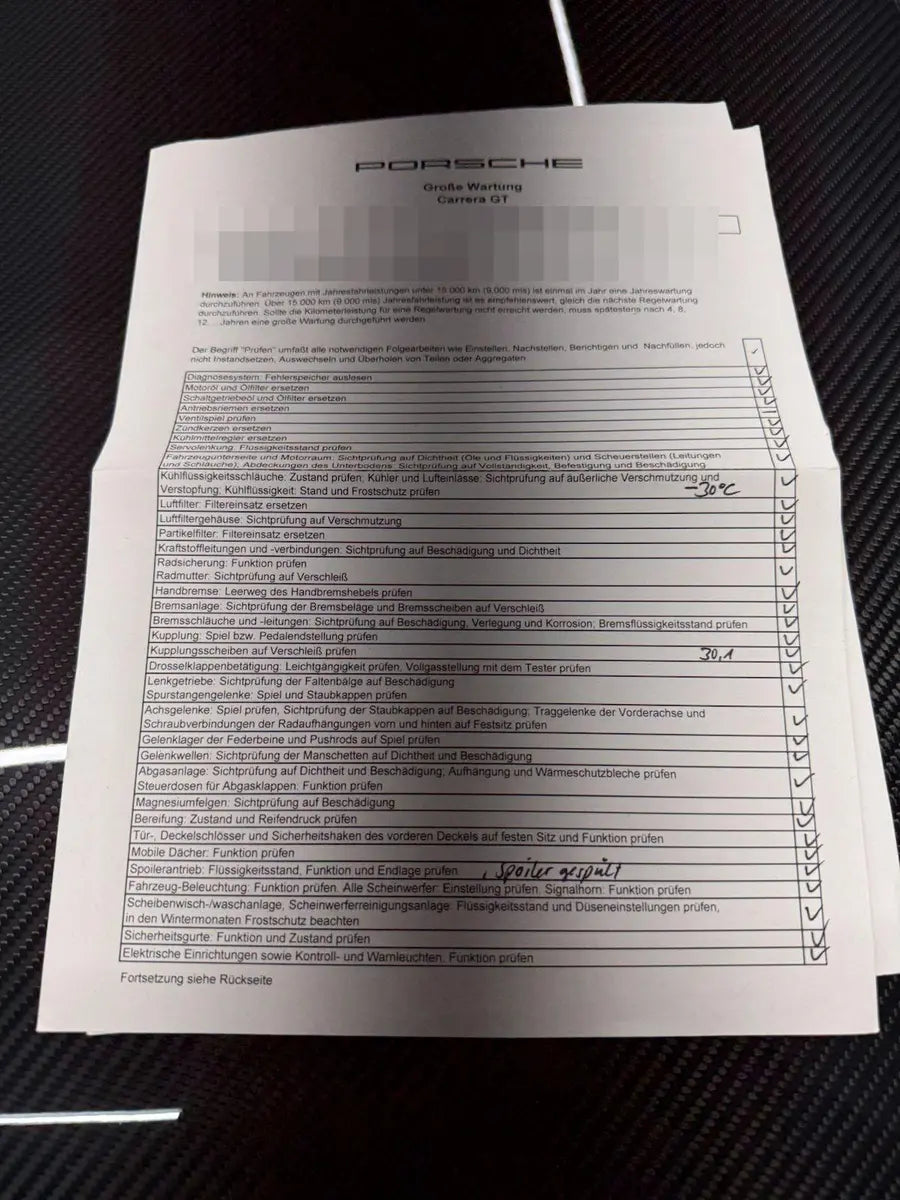 Carrera GT – Anonymisierte Checkliste der großen Wartung