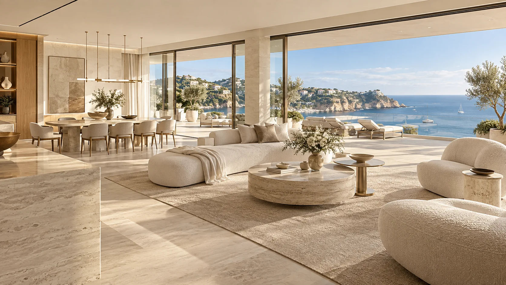Konzeptvisualisierung eines hellen Penthouse-Wohnbereichs auf Mallorca