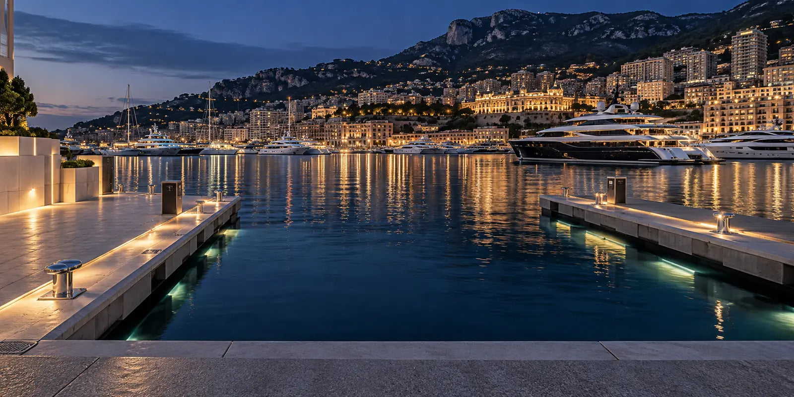 Konzeptvisualisierung eines privaten Superyacht-Liegeplatzes in Monaco bei blauer Stunde