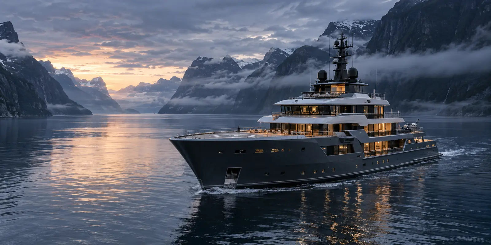Konzeptvisualisierung einer Explorer-Yacht in einem nordischen Fjord